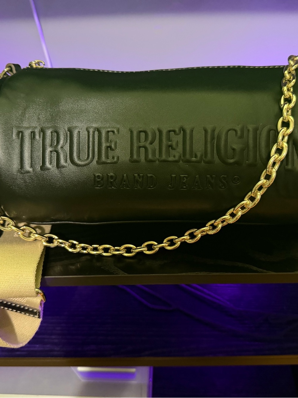True Religion Black Leather Shoulder Bag with Gold Chain Accent